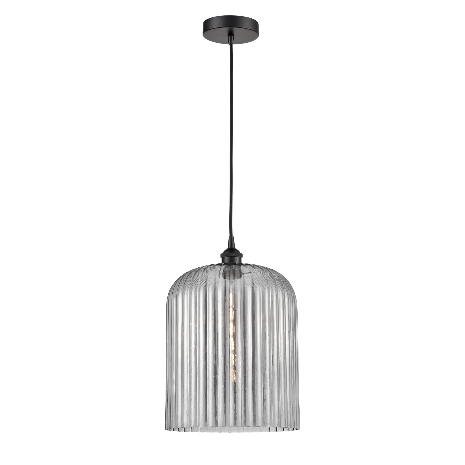 Innovations Bridal Veil 5in 1-Light Mini Pendant | Industrial Matte Black Steel and Light Smoke Ribbed Glass | Kitchen Island | Model 616-1P-BK-G559-12SM