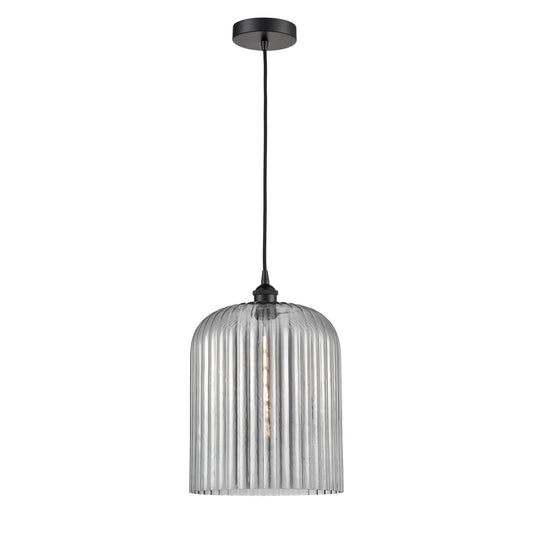 Innovations Bridal Veil 5in 1-Light Mini Pendant | Industrial Matte Black Steel and Light Smoke Ribbed Glass | Kitchen Island | Model 616-1P-BK-G559-12SM