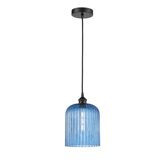 Innovations Bridal Veil 5in 1-Light Mini Pendant | Industrial Matte Black Steel and Princess Blue Ribbed Glass | Kitchen Island | Model 616-1P-BK-G559-8BL