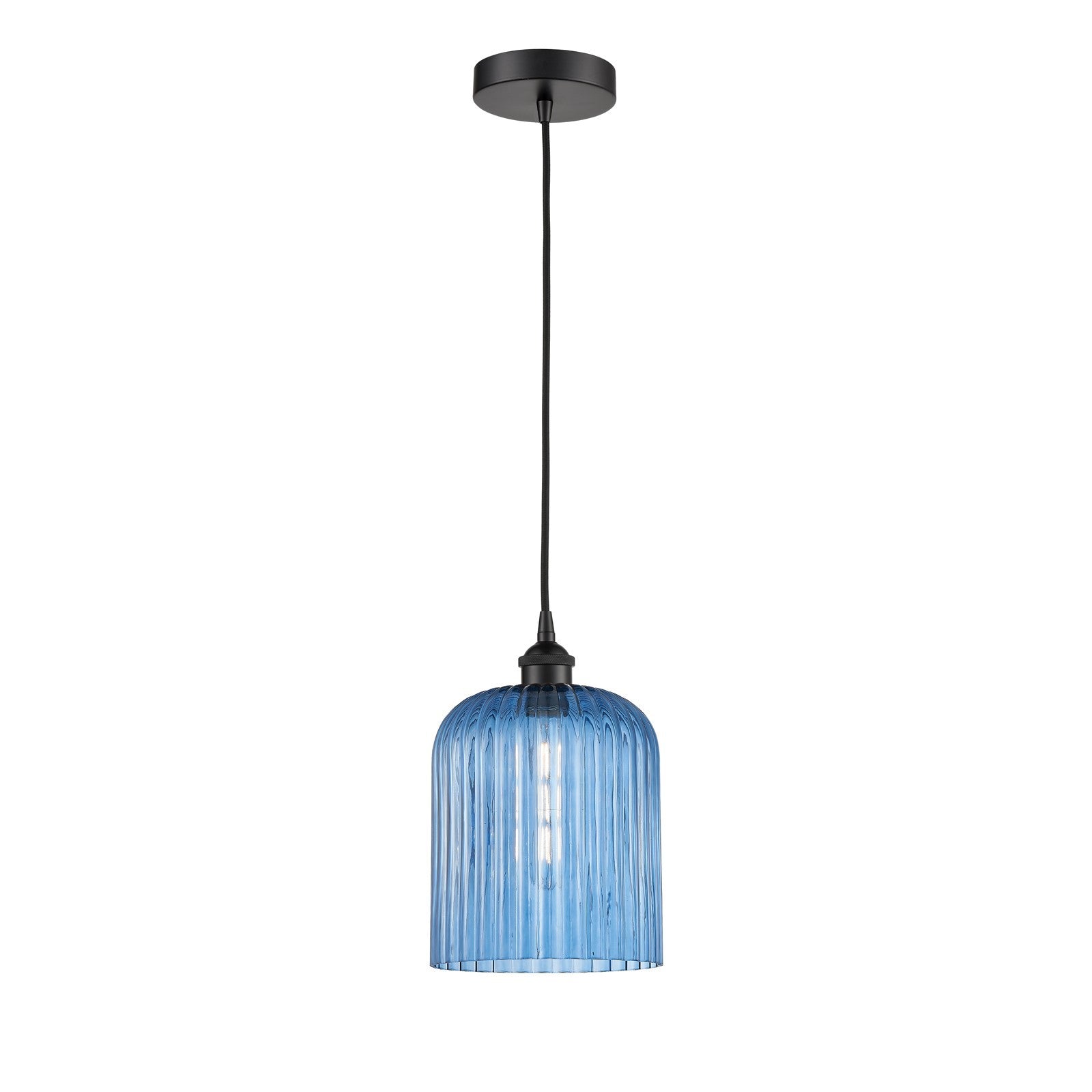 Innovations Bridal Veil 5in 1-Light Mini Pendant | Industrial Matte Black Steel and Princess Blue Ribbed Glass | Kitchen Island | Model 616-1P-BK-G559-8BL