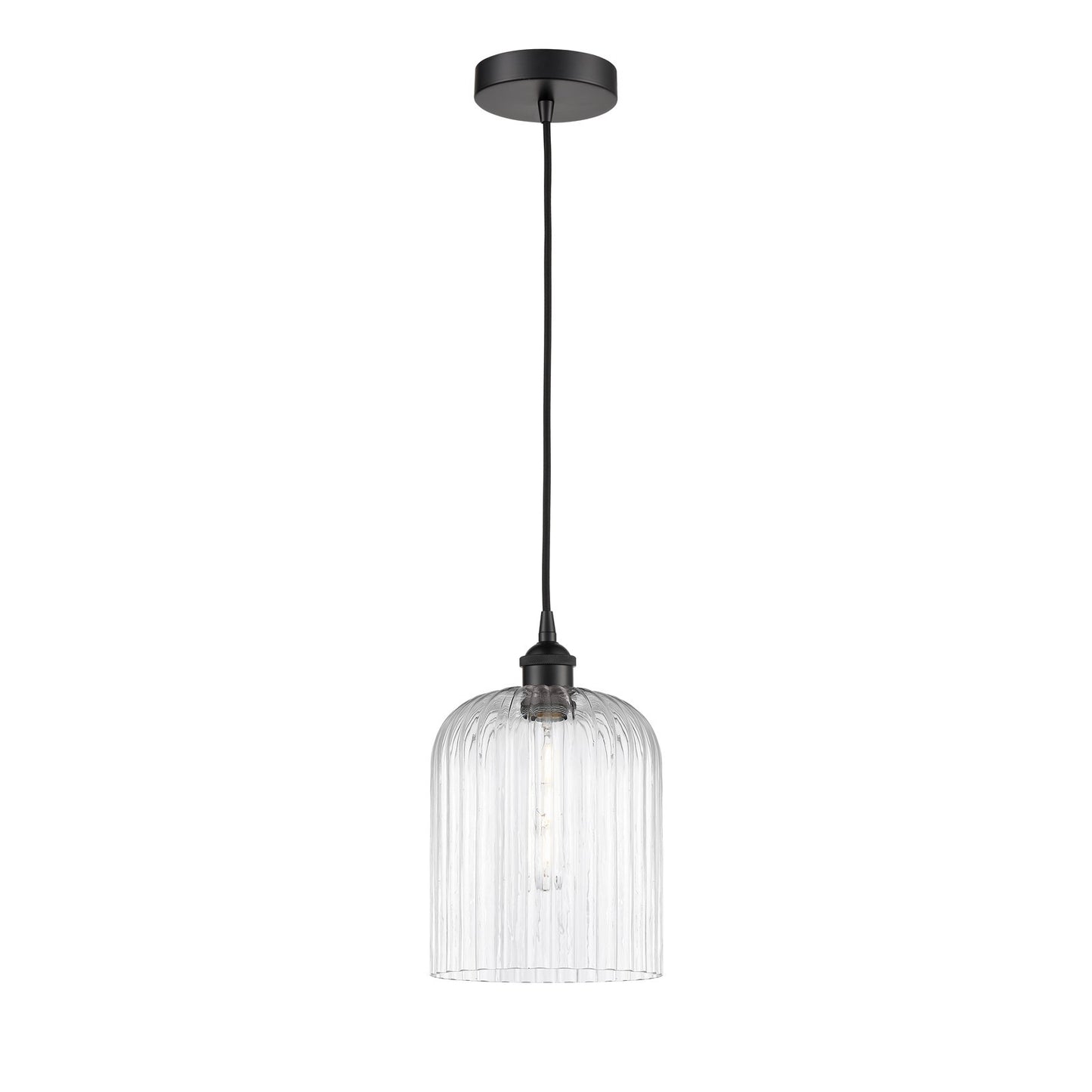 Innovations Bridal Veil 5in 1-Light Mini Pendant | Industrial Matte Black Steel and Clear Ribbed Glass | Kitchen Island & | Model 616-1P-BK-G559-8CL