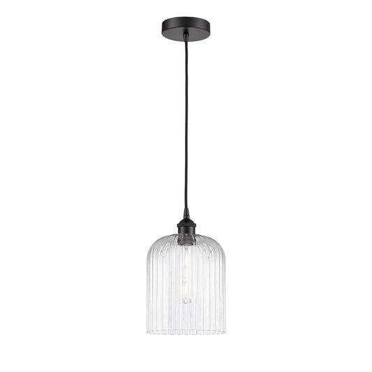 Innovations Bridal Veil 5in 1-Light Mini Pendant | Industrial Matte Black Steel and Clear Ribbed Glass | Kitchen Island & | Model 616-1P-BK-G559-8CL