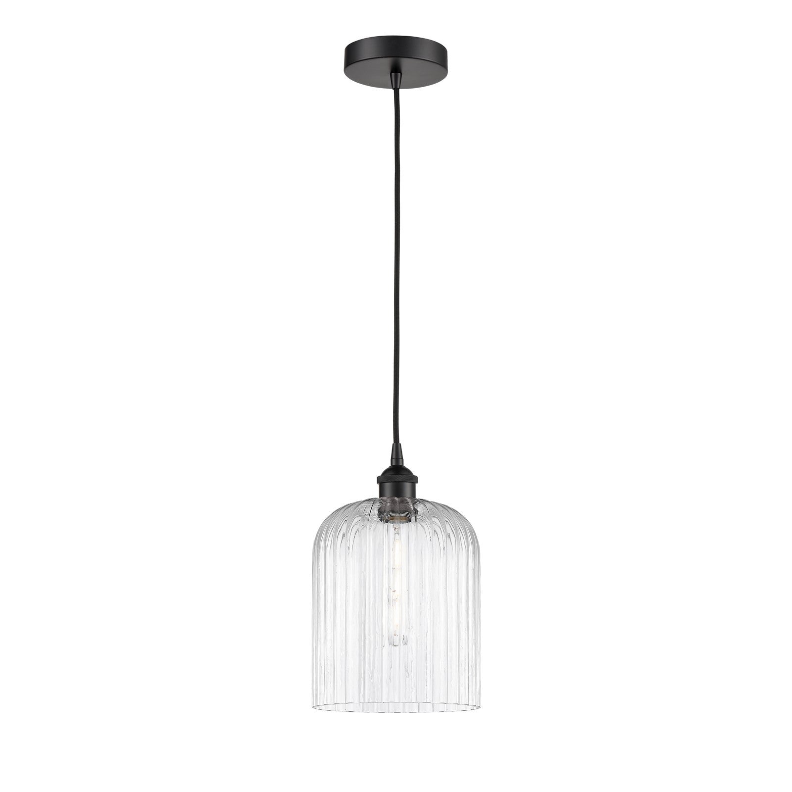 Innovations Bridal Veil 5in 1-Light Mini Pendant | Industrial Matte Black Steel and Clear Ribbed Glass | Kitchen Island & | Model 616-1P-BK-G559-8CL
