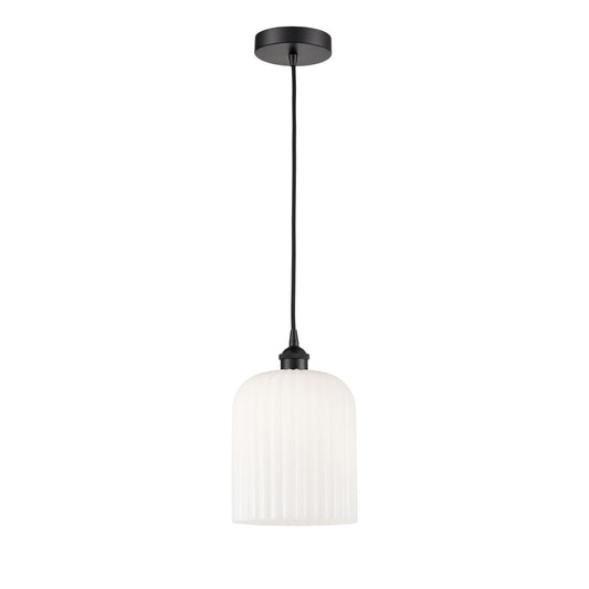 Innovations Bridal Veil 5in 1-Light Mini Pendant | Industrial Matte Black Steel and Gloss White Ribbed Glass | Kitchen Island | Model 616-1P-BK-G559-8GWH
