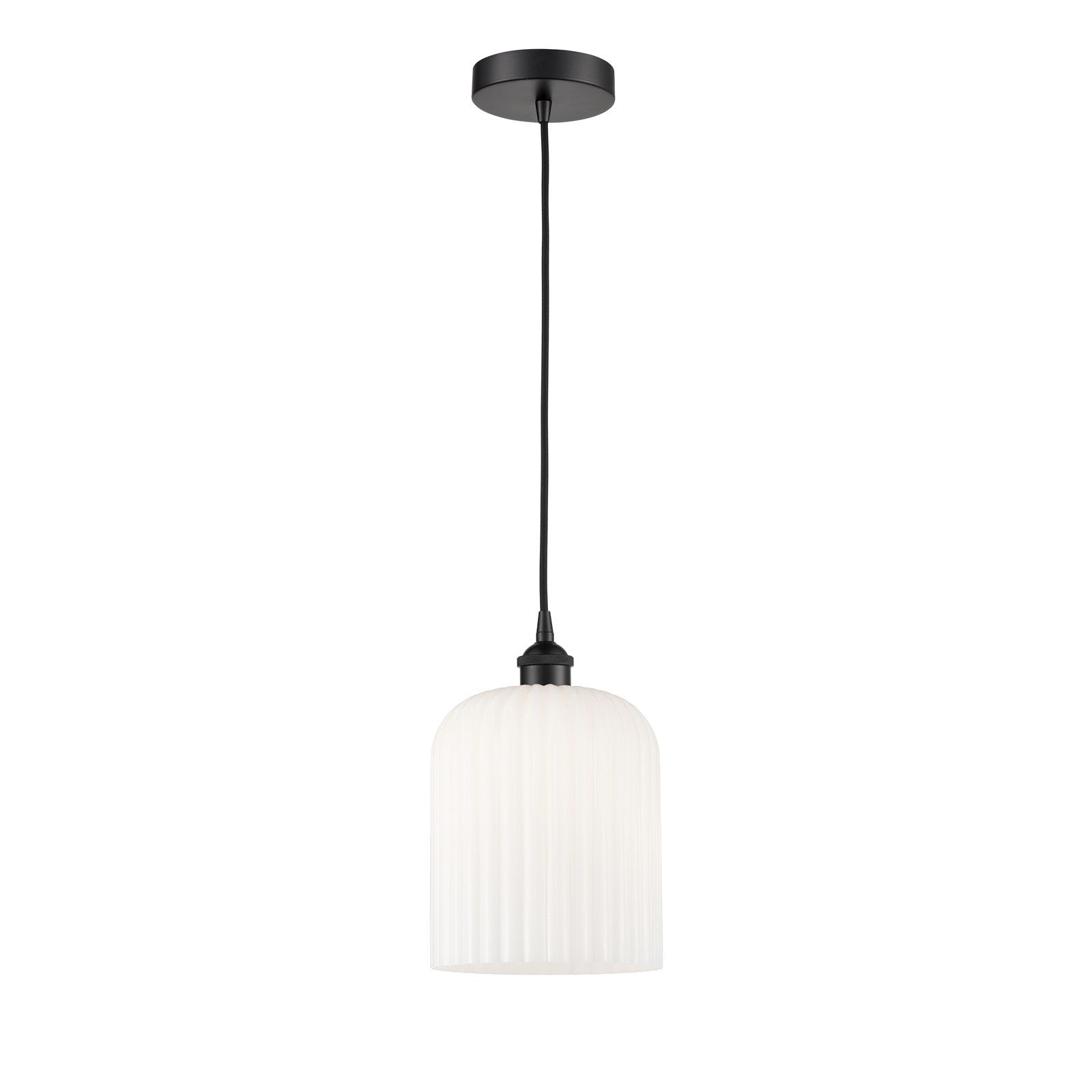 Innovations Bridal Veil 5in 1-Light Mini Pendant | Industrial Matte Black Steel and Gloss White Ribbed Glass | Kitchen Island | Model 616-1P-BK-G559-8GWH