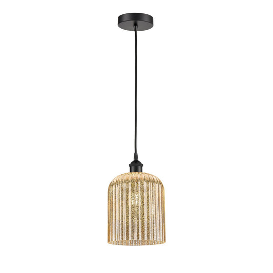 Innovations Bridal Veil 5in 1-Light Mini Pendant | Industrial Matte Black Steel and Mercury Ribbed Glass | Kitchen Island & | Model 616-1P-BK-G559-8ME