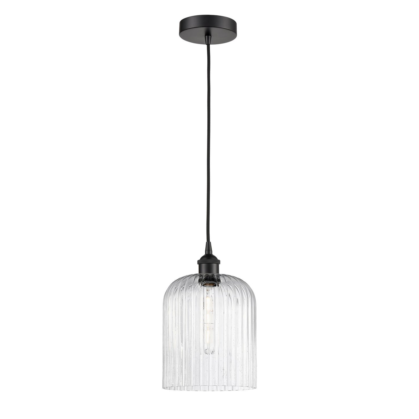 Innovations Bridal Veil 5in 1-Light Mini Pendant | Industrial Matte Black Steel and Seedy Ribbed Glass | Kitchen Island & | Model 616-1P-BK-G559-8SDY