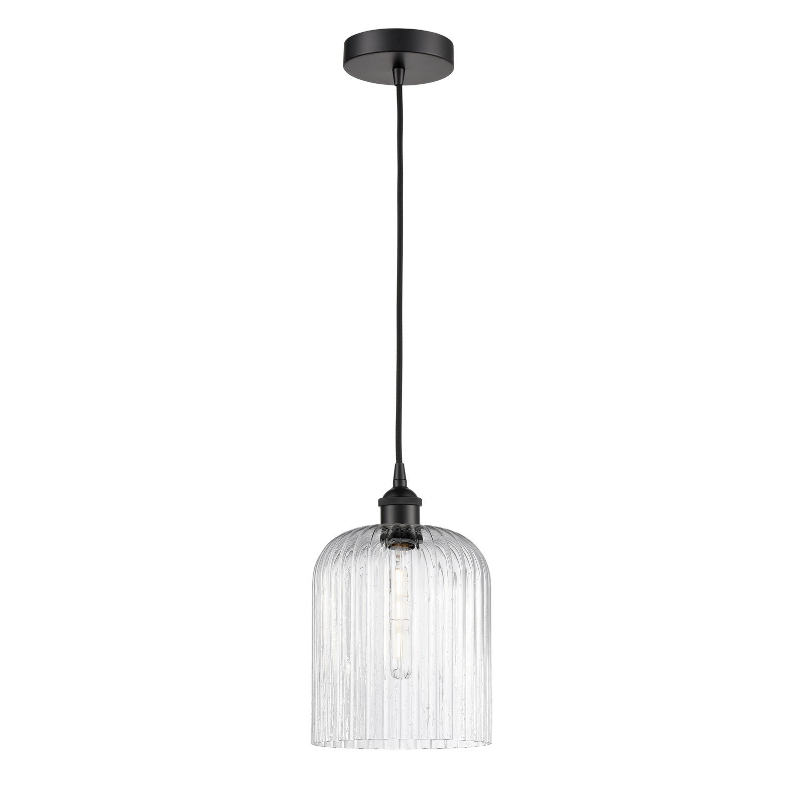 Innovations Bridal Veil 5in 1-Light Mini Pendant | Industrial Matte Black Steel and Seedy Ribbed Glass | Kitchen Island & | Model 616-1P-BK-G559-8SDY
