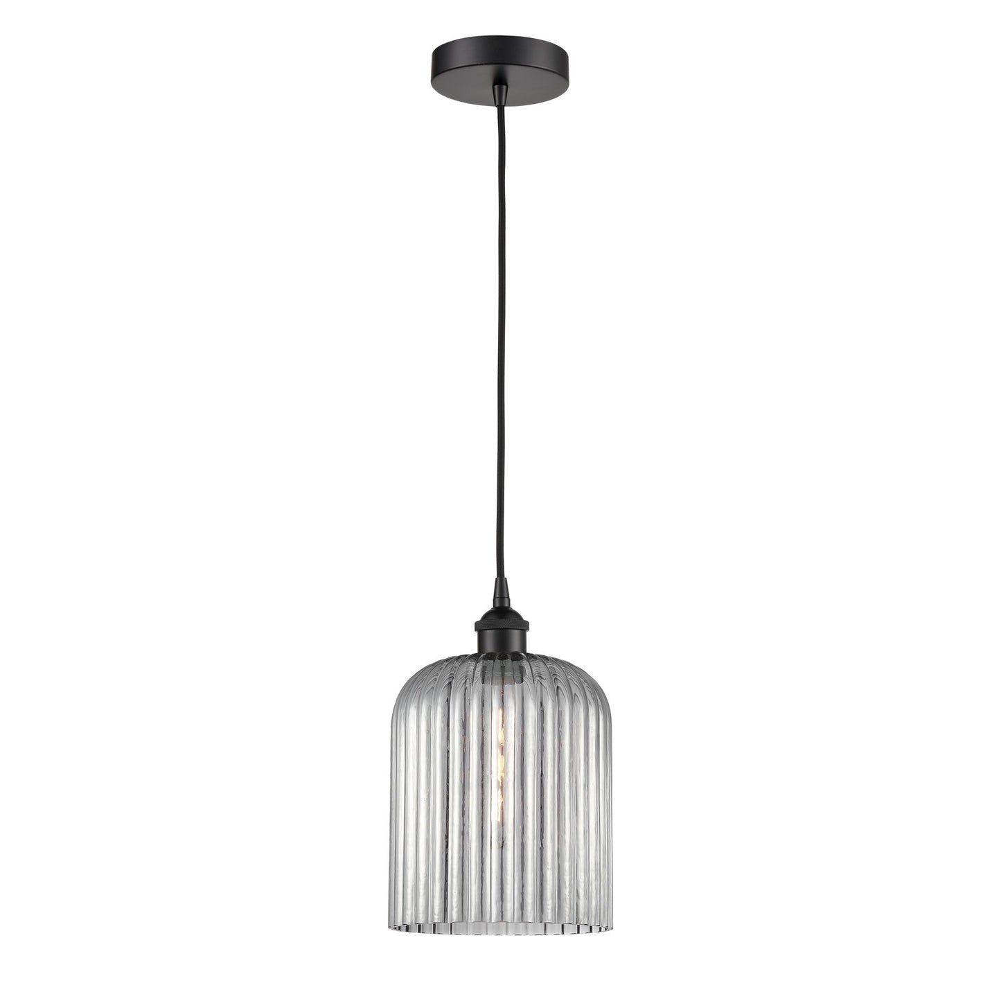 Innovations Bridal Veil 5in 1-Light Mini Pendant | Industrial Matte Black Steel and Light Smoke Ribbed Glass | Kitchen Island & | Model 616-1P-BK-G559-8SM