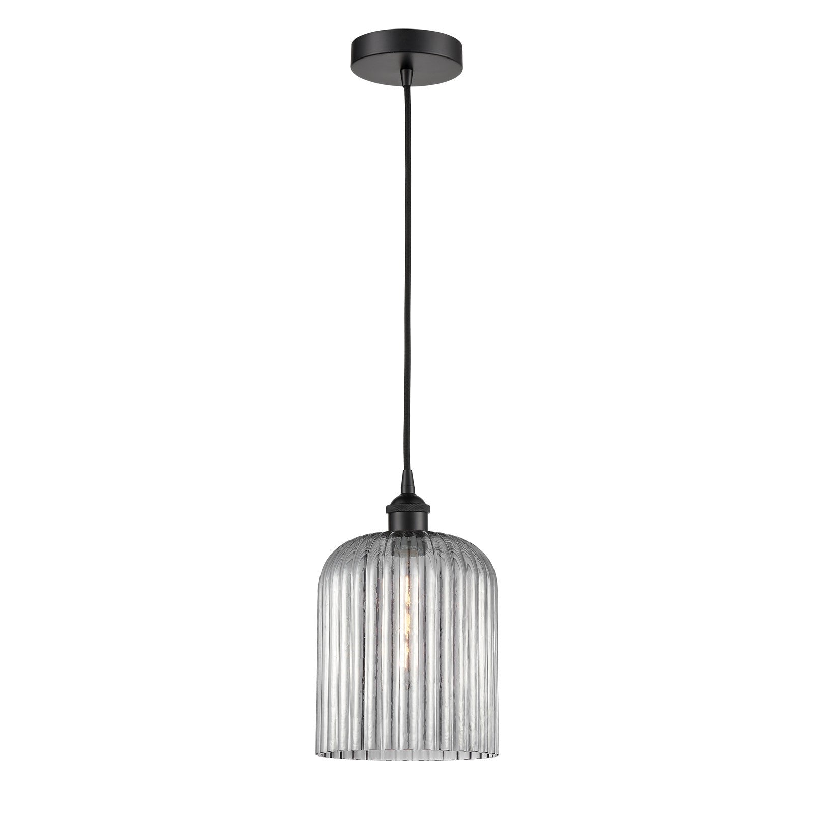 Innovations Bridal Veil 5in 1-Light Mini Pendant | Industrial Matte Black Steel and Light Smoke Ribbed Glass | Kitchen Island & | Model 616-1P-BK-G559-8SM