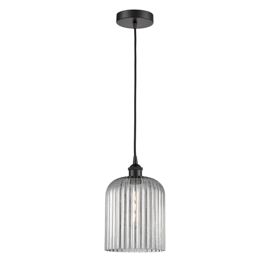 Innovations Bridal Veil 5in 1-Light Mini Pendant | Industrial Matte Black Steel and Light Smoke Ribbed Glass | Kitchen Island & | Model 616-1P-BK-G559-8SM