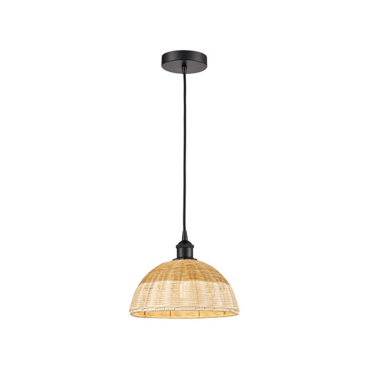 Innovations Natural Ballston Dome 12in 1-Light Mini Pendant | Farmhouse Matte Black Steel and Natural Fiber Dome Shade | Model 616-1P-BK-NBD2-12-NAT