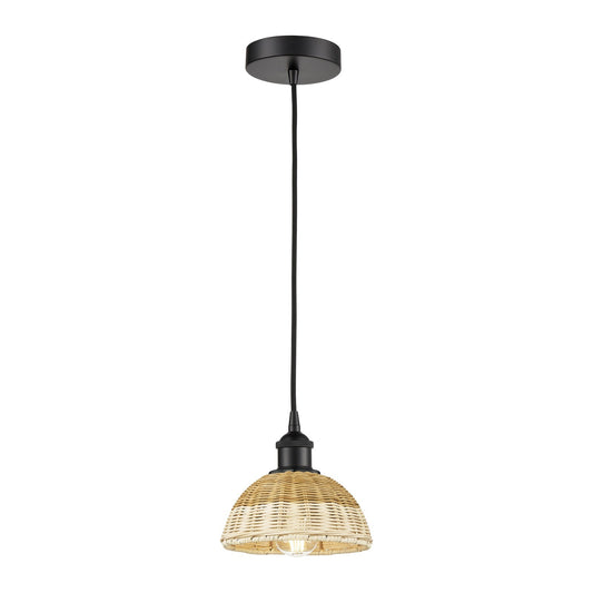 Innovations Natural Ballston Dome 7.5in 1-Light Mini Pendant | Farmhouse Matte Black Steel and Natural Fiber Dome Shade | Model 616-1P-BK-NBD2-75-NAT