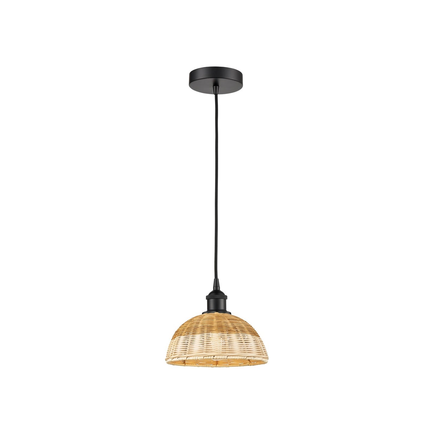 Innovations Natural Ballston Dome 9in 1-Light Mini Pendant | Farmhouse Matte Black Steel and Natural Fiber Dome Shade | Model 616-1P-BK-NBD2-9-NAT