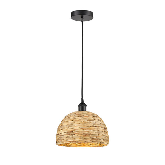 Innovations Woven Rattan 12in 1-Light Mini Pendant | Industrial Matte Black Steel and Natural Fiber Dome Shade | Kitchen | Model 616-1P-BK-RBD-12-NAT