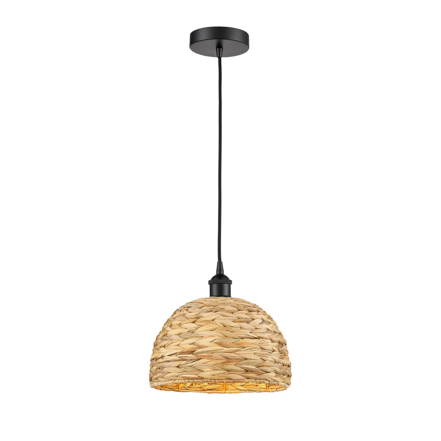 Innovations Woven Rattan 12in 1-Light Mini Pendant | Industrial Matte Black Steel and Natural Fiber Dome Shade | Kitchen | Model 616-1P-BK-RBD-12-NAT