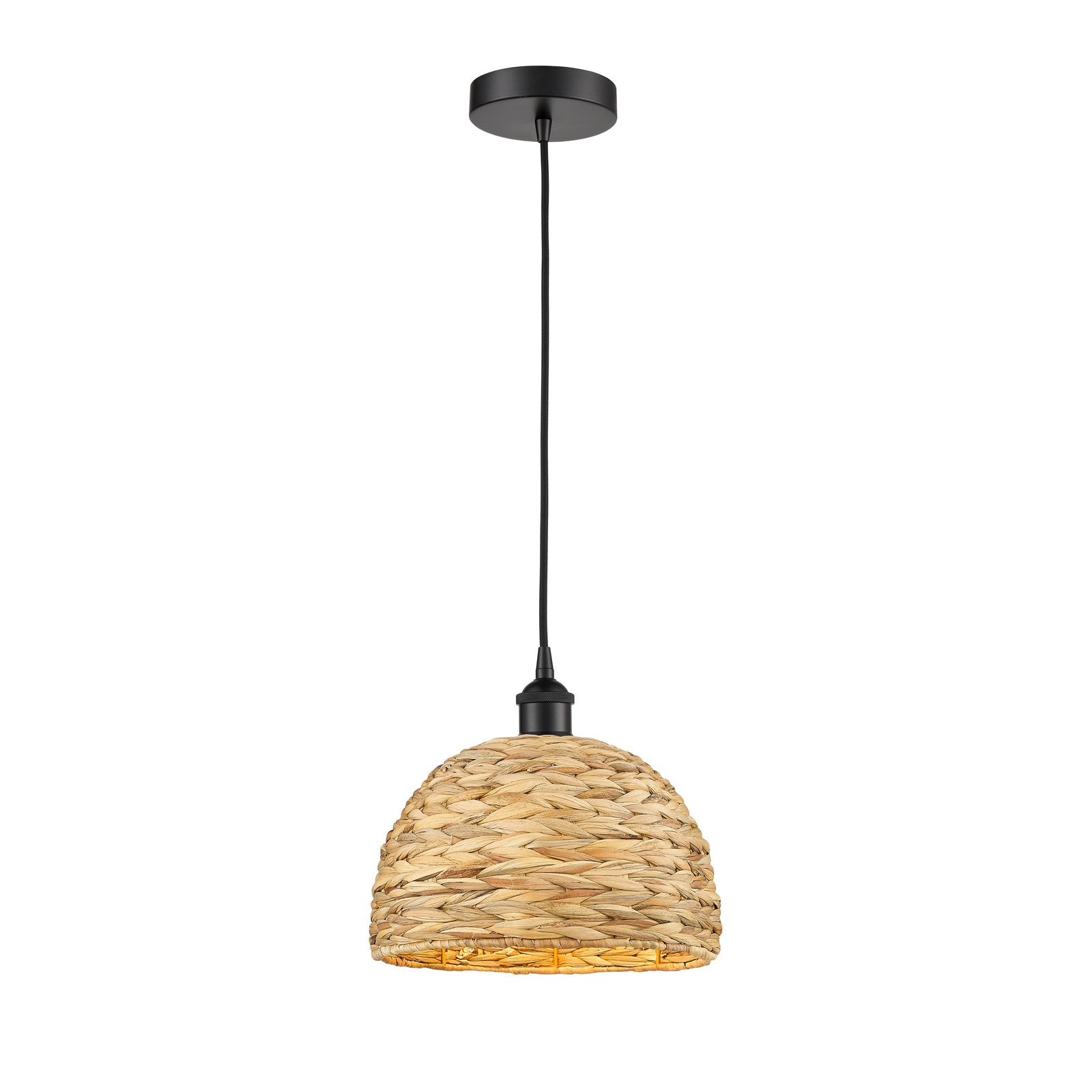 Innovations Woven Rattan 12in 1-Light Mini Pendant | Industrial Matte Black Steel and Natural Fiber Dome Shade | Kitchen | Model 616-1P-BK-RBD-12-NAT