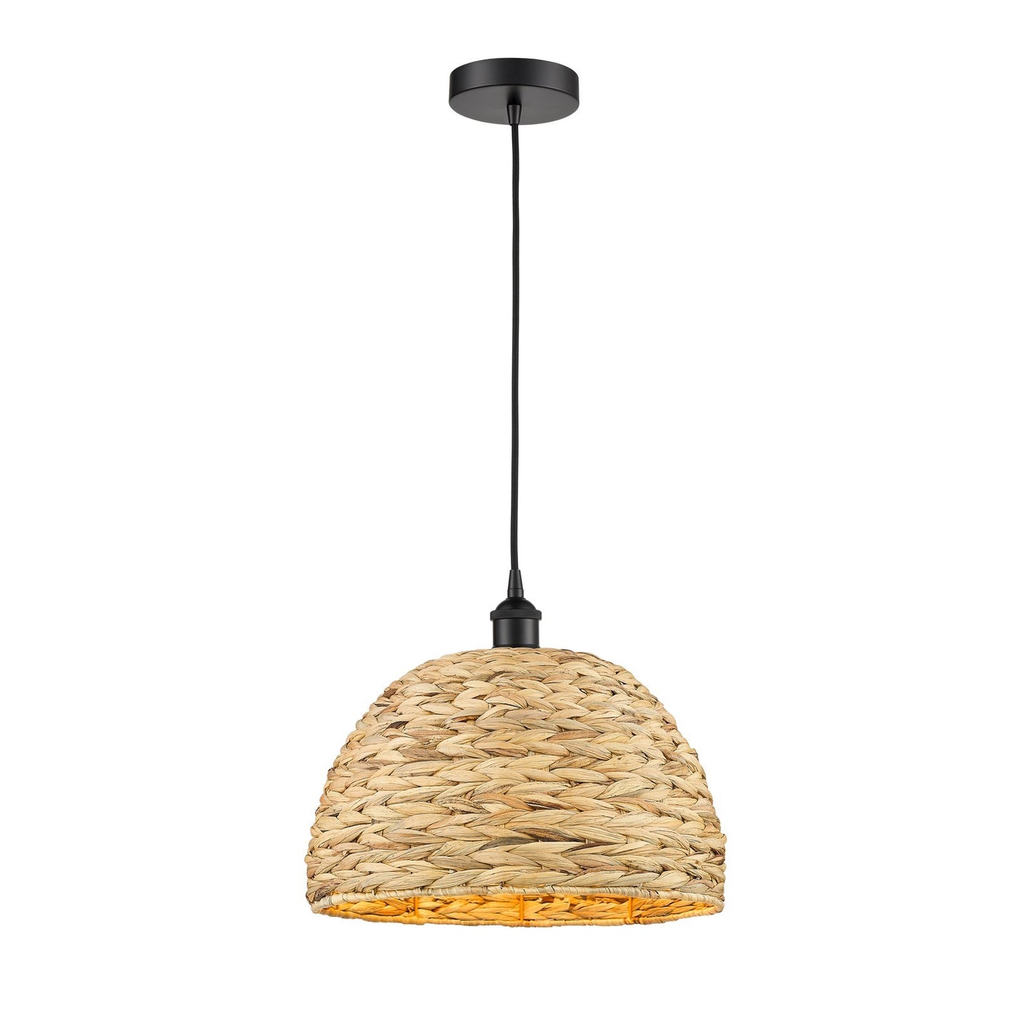 Innovations Woven Rattan 16in 1-Light Mini Pendant | Industrial Matte Black Steel and Natural Fiber Dome Shade | Kitchen | Model 616-1P-BK-RBD-16-NAT