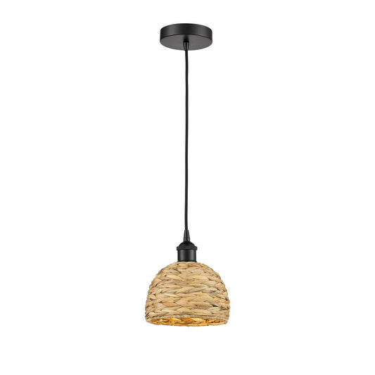 Innovations Woven Rattan 8in 1-Light Mini Pendant | Rustic Farmhouse Matte Black Steel and Natural Woven Rattan Shade | Model 616-1P-BK-RBD-8-NAT