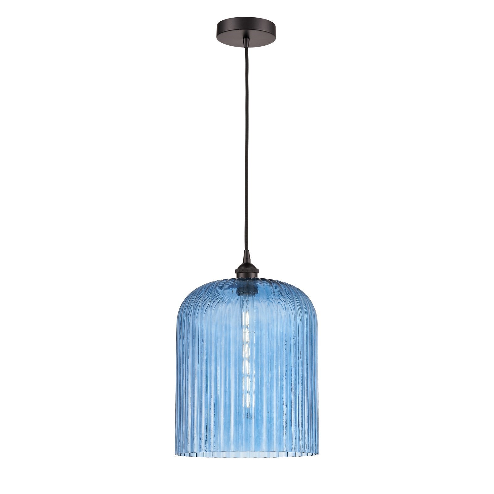 Innovations Bridal Veil 5in 1-Light Mini Pendant | Art Nouveau Oil Rubbed Bronze and Princess Blue Ribbed Glass | Kitchen | Model 616-1P-OB-G559-12BL