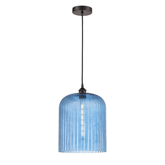 Innovations Bridal Veil 5in 1-Light Mini Pendant | Art Nouveau Oil Rubbed Bronze and Princess Blue Ribbed Glass | Kitchen | Model 616-1P-OB-G559-12BL