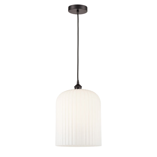 Innovations Bridal Veil 5in 1-Light Mini Pendant | Industrial Oil Rubbed Bronze and Gloss White Ribbed Glass | Kitchen Island | Model 616-1P-OB-G559-12GWH