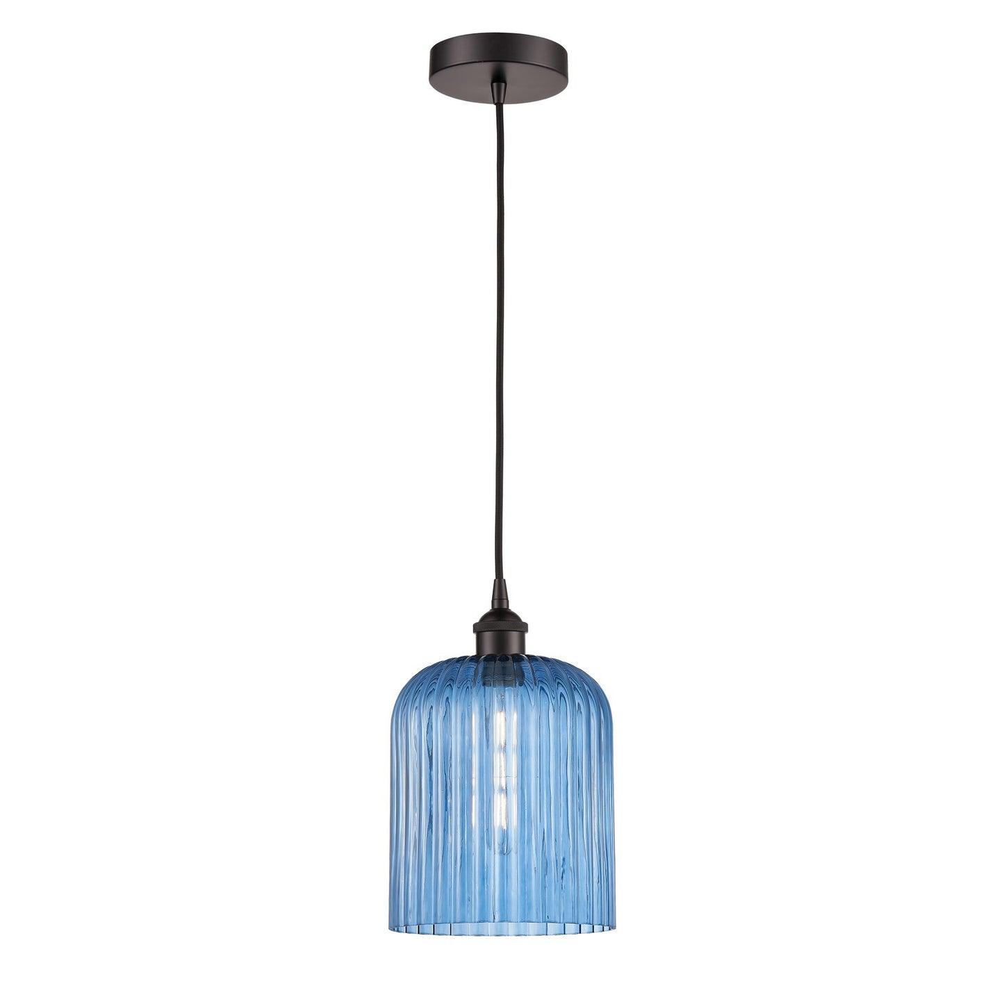 Innovations Bridal Veil 5in 1-Light Mini Pendant | Art Nouveau Oil Rubbed Bronze and Princess Blue Ribbed Glass | Kitchen | Model 616-1P-OB-G559-8BL
