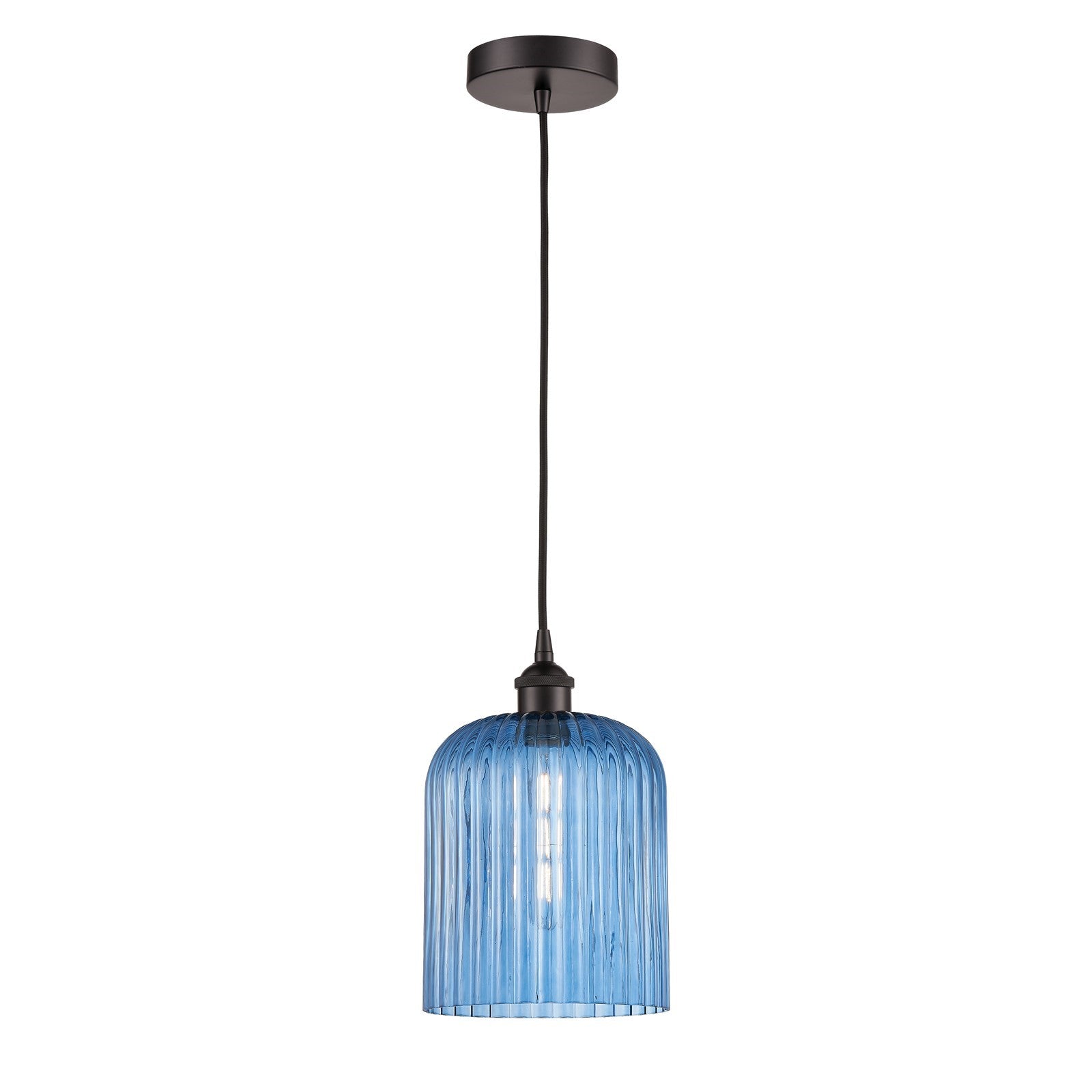 Innovations Bridal Veil 5in 1-Light Mini Pendant | Art Nouveau Oil Rubbed Bronze and Princess Blue Ribbed Glass | Kitchen | Model 616-1P-OB-G559-8BL