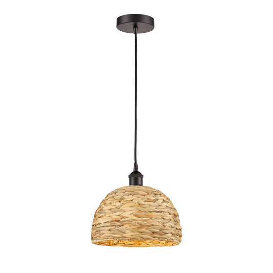 Innovations Woven Rattan 12in 1-Light Mini Pendant | Industrial Oil Rubbed Bronze Steel and Natural Fiber Shade | Kitchen | Model 616-1P-OB-RBD-12-NAT