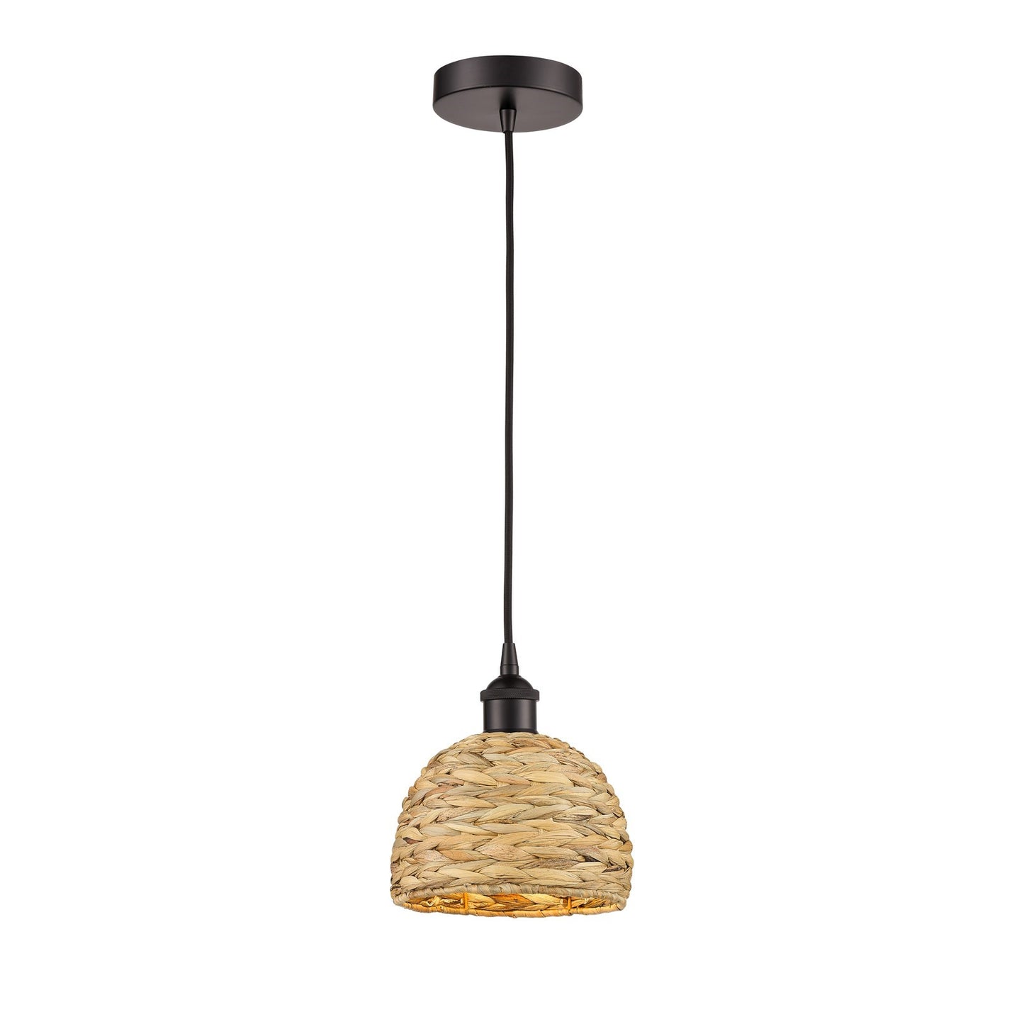Innovations Woven Rattan 8in 1-Light Mini Pendant | Rustic Oil Rubbed Bronze Steel and Natural Woven Rattan Shade | Kitchen | Model 616-1P-OB-RBD-8-NAT