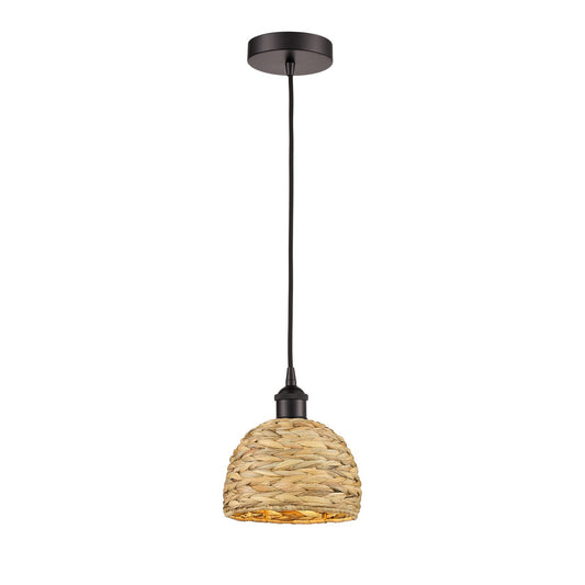 Innovations Woven Rattan 8in 1-Light Mini Pendant | Rustic Oil Rubbed Bronze Steel and Natural Woven Rattan Shade | Kitchen | Model 616-1P-OB-RBD-8-NAT