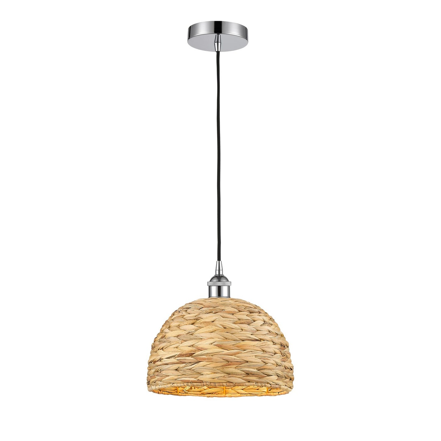 Innovations Woven Rattan 12in 1-Light Mini Pendant | Industrial Polished Chrome and Natural Fiber Dome Shade | Kitchen Island | Model 616-1P-PC-RBD-12-NAT