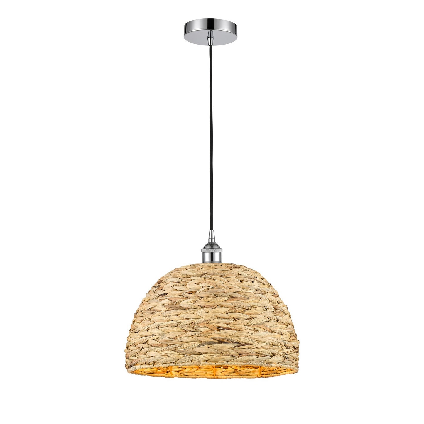 Innovations Woven Rattan 16in 1-Light Mini Pendant | Industrial Polished Chrome Steel and Natural Fiber Shade | Kitchen | Model 616-1P-PC-RBD-16-NAT