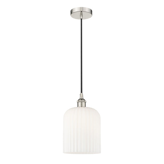 Innovations Bridal Veil 5in 1-Light Mini Pendant | Art Nouveau Polished Nickel and Gloss White Ribbed Glass | Kitchen Island & | Model 616-1P-PN-G559-8GWH