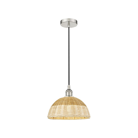 Innovations Lighting Natural Ballston Dome 12in 1-Light Mini Pendant | Farmhouse Polished Nickel and Natural Fiber | Model 616-1P-PN-NBD2-12-NAT
