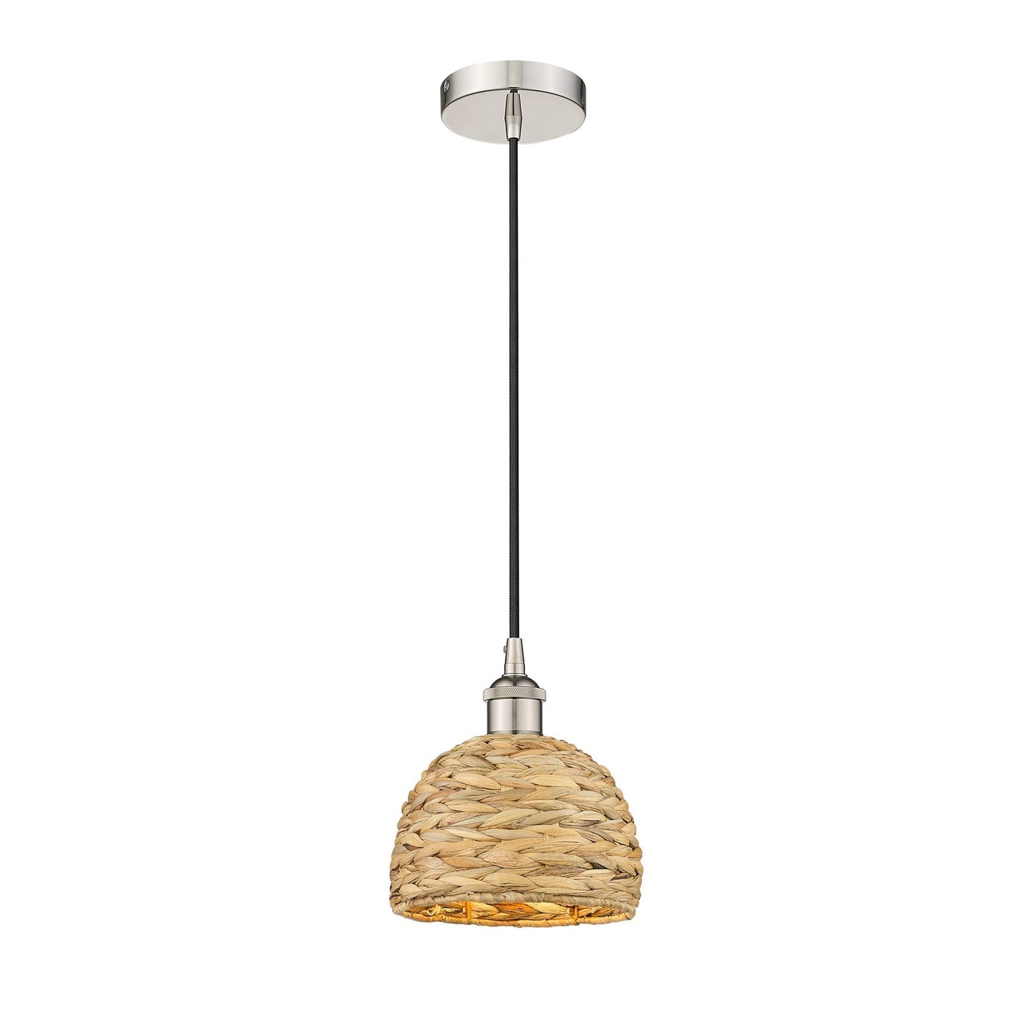 Innovations Woven Rattan 8in 1-Light Mini Pendant | Rustic Farmhouse Polished Nickel and Natural Woven Rattan | Kitchen Island | Model 616-1P-PN-RBD-8-NAT