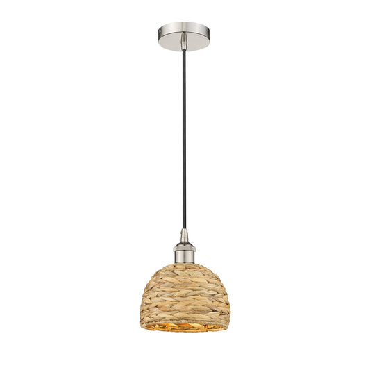 Innovations Woven Rattan 8in 1-Light Mini Pendant | Rustic Farmhouse Polished Nickel and Natural Woven Rattan | Kitchen Island | Model 616-1P-PN-RBD-8-NAT