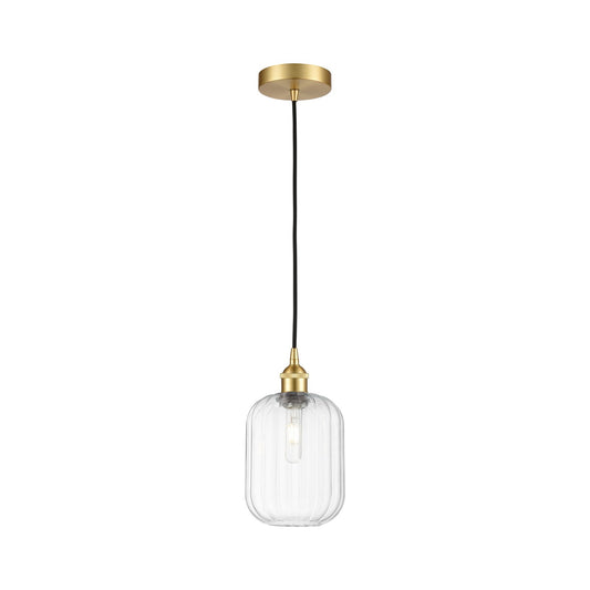 Innovations Preston Cylinder 7in 1-Light Mini Pendant | Industrial Satin Gold Steel and Clear Glass | Kitchen Island & Dining | Model 616-1P-SG-G460-7CL