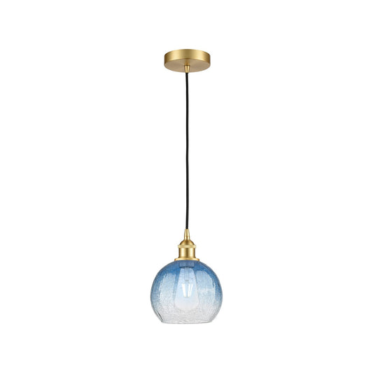 Innovations Brookhaven Globe 8in 1-Light Mini Pendant | Industrial Satin Gold Steel and Sapphire Blue Glass | Kitchen Island & | Model 616-1P-SG-G483-8SB
