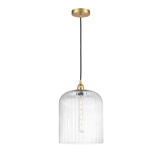 Innovations Bridal Veil 5in 1-Light Mini Pendant | Art Nouveau Satin Gold Steel and Clear Ribbed Glass | Kitchen Island & | Model 616-1P-SG-G559-12CL