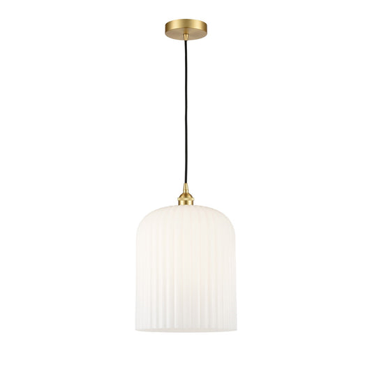 Innovations Bridal Veil 5in 1-Light Mini Pendant | Art Nouveau Satin Gold Steel and Gloss White Ribbed Glass | Kitchen Island | Model 616-1P-SG-G559-12GWH