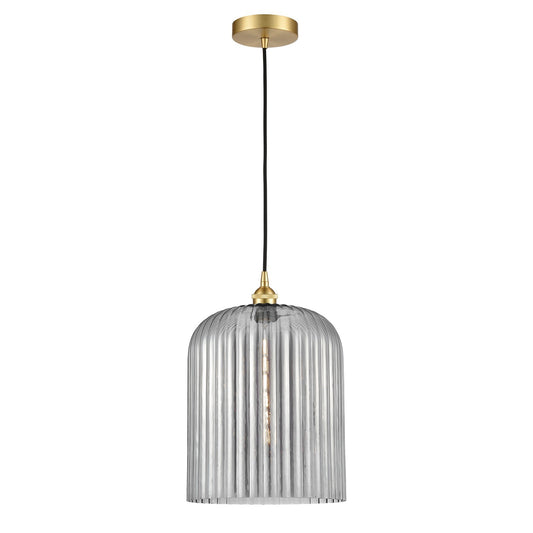 Innovations Bridal Veil 5in 1-Light Mini Pendant | Art Nouveau Satin Gold Steel and Light Smoke Ribbed Glass | Kitchen Island | Model 616-1P-SG-G559-12SM