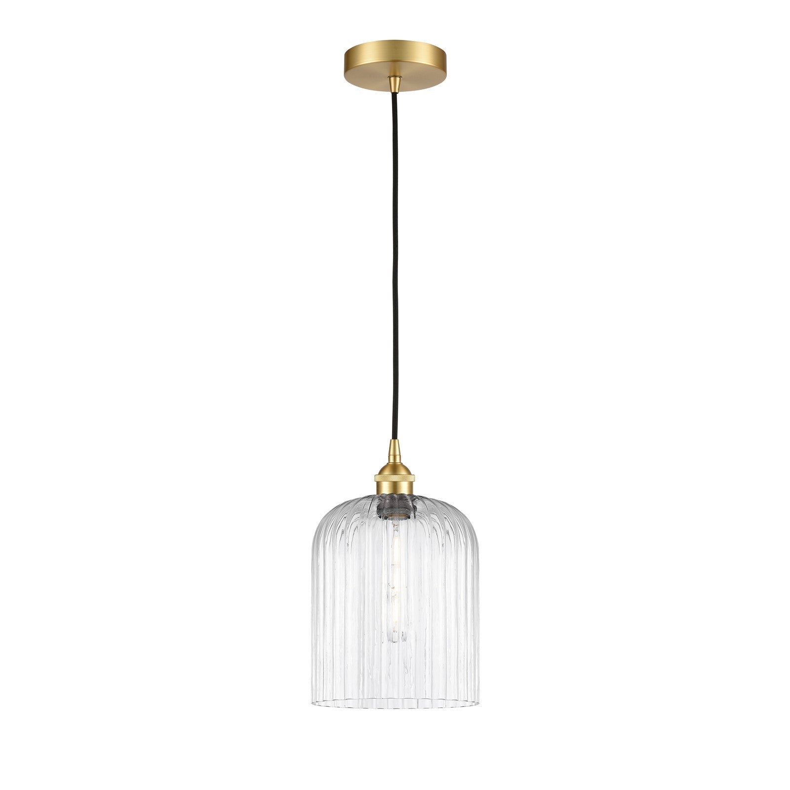 Innovations Bridal Veil 5in 1-Light Mini Pendant | Art Nouveau Satin Gold Steel and Clear Ribbed Glass | Kitchen Island & | Model 616-1P-SG-G559-8CL