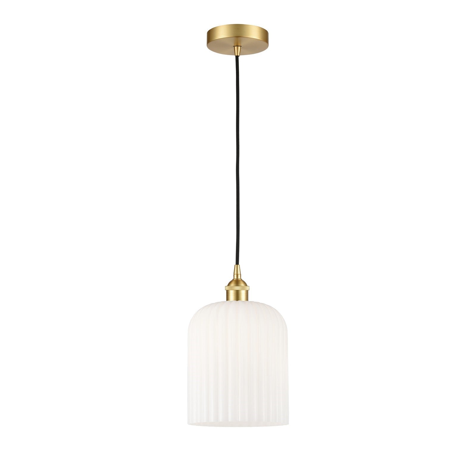 Innovations Bridal Veil 5in 1-Light Mini Pendant | Art Nouveau Satin Gold Steel and Gloss White Ribbed Glass | Kitchen Island | Model 616-1P-SG-G559-8GWH