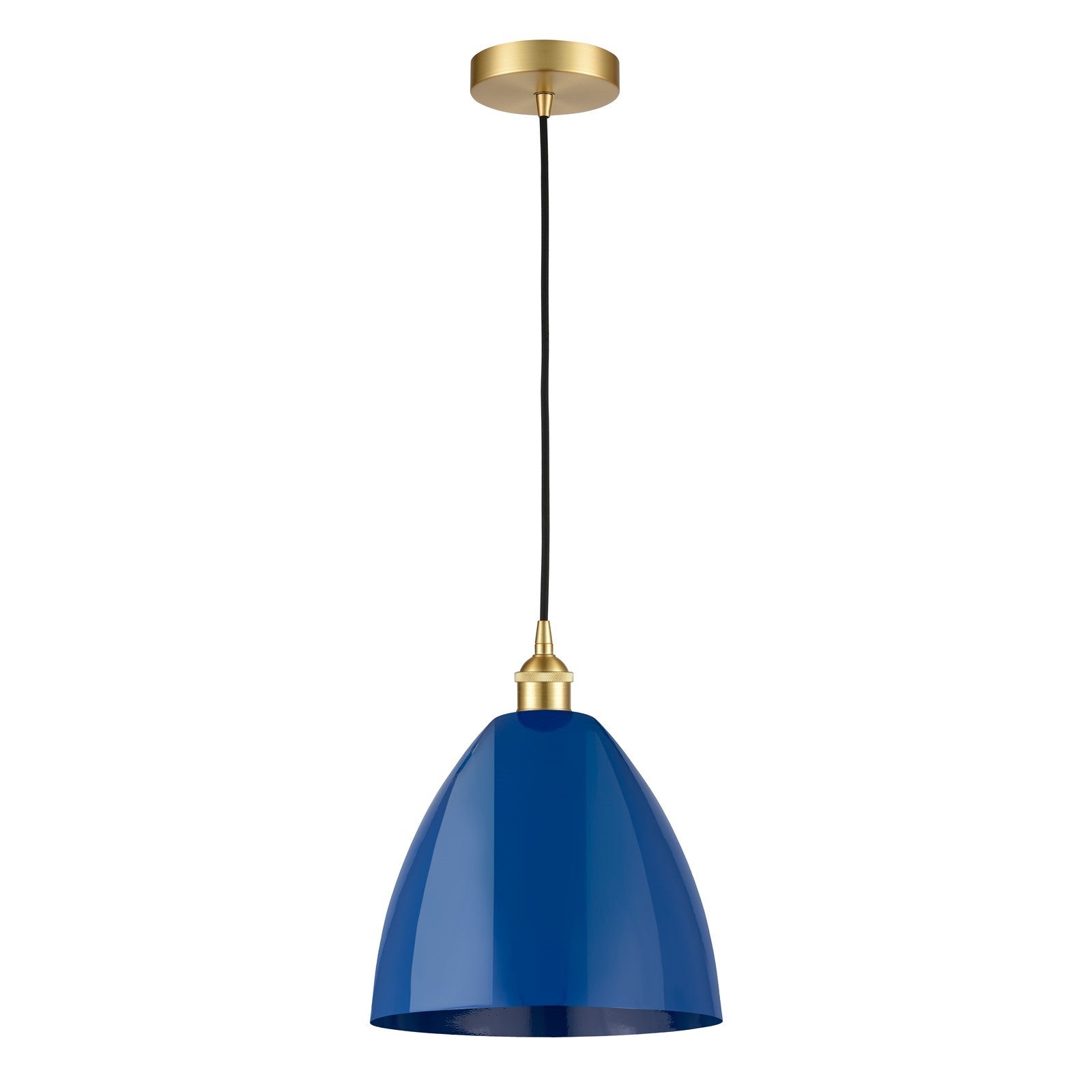 Innovations Plymouth 12in 1-Light Mini Pendant | Industrial Satin Gold Steel and Matte Blue Metal Shade | Kitchen Island & | Model 616-1P-SG-MBD-12-BL-LED