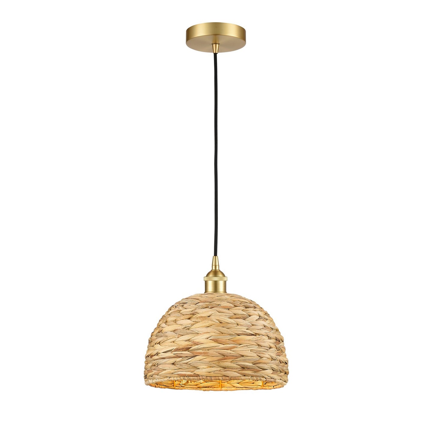 Innovations Woven Rattan 12in 1-Light Mini Pendant | Industrial Satin Gold Steel and Natural Fiber Dome Shade | Kitchen | Model 616-1P-SG-RBD-12-NAT