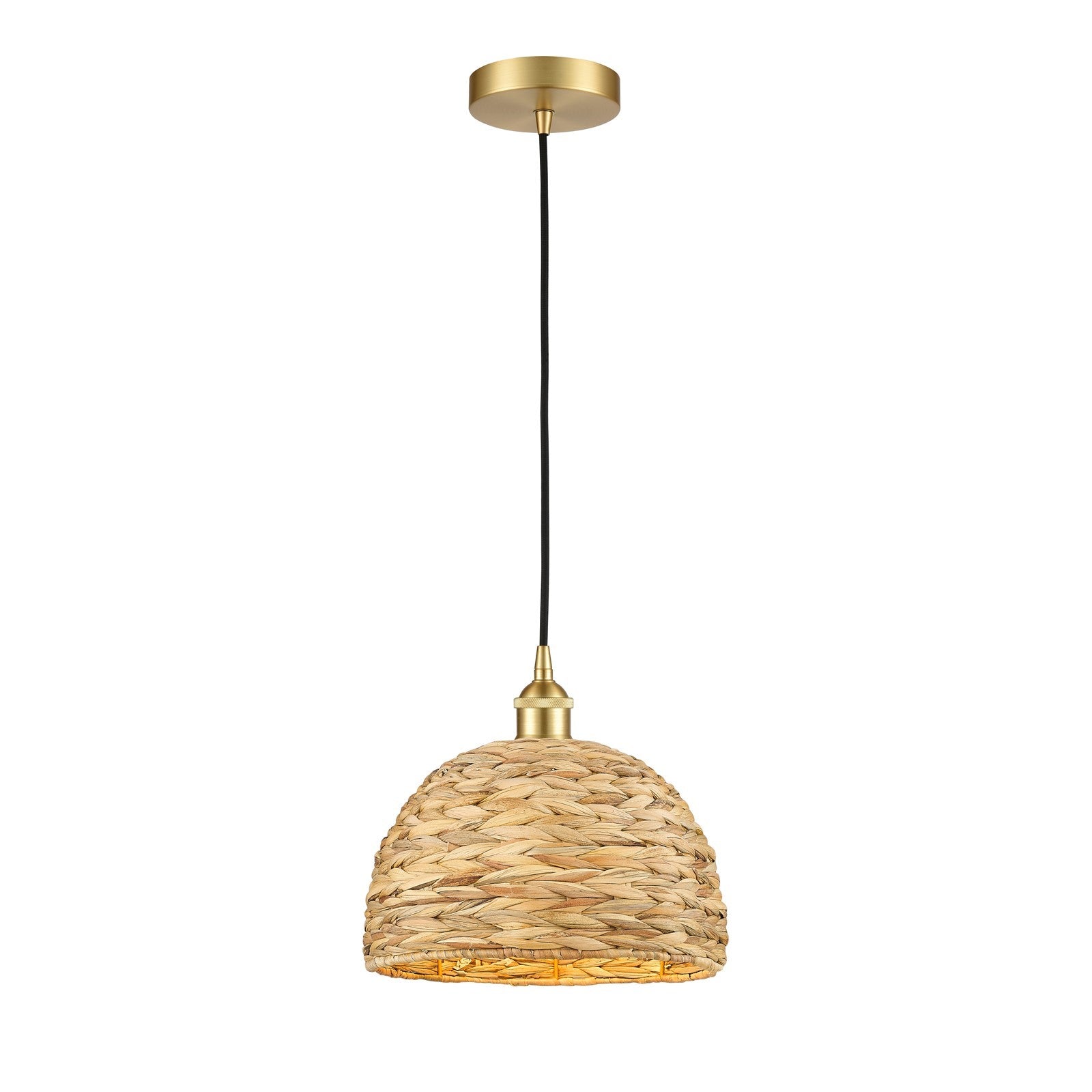 Innovations Woven Rattan 12in 1-Light Mini Pendant | Industrial Satin Gold Steel and Natural Fiber Dome Shade | Kitchen | Model 616-1P-SG-RBD-12-NAT