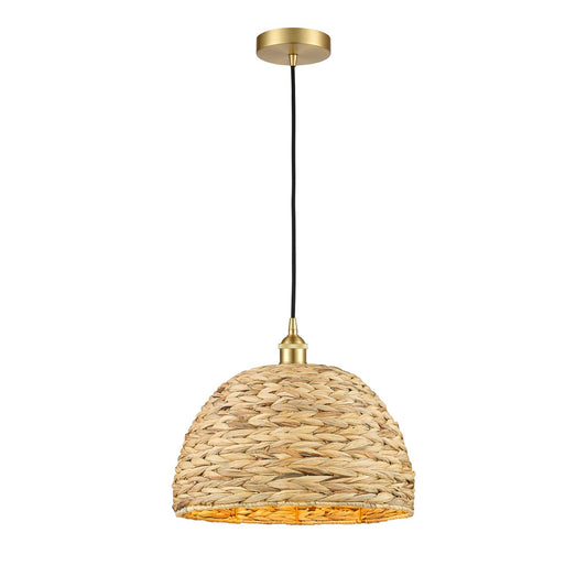 Innovations Woven Rattan 16in 1-Light Mini Pendant | Industrial Satin Gold Steel and Natural Fiber Dome Shade | Kitchen | Model 616-1P-SG-RBD-16-NAT