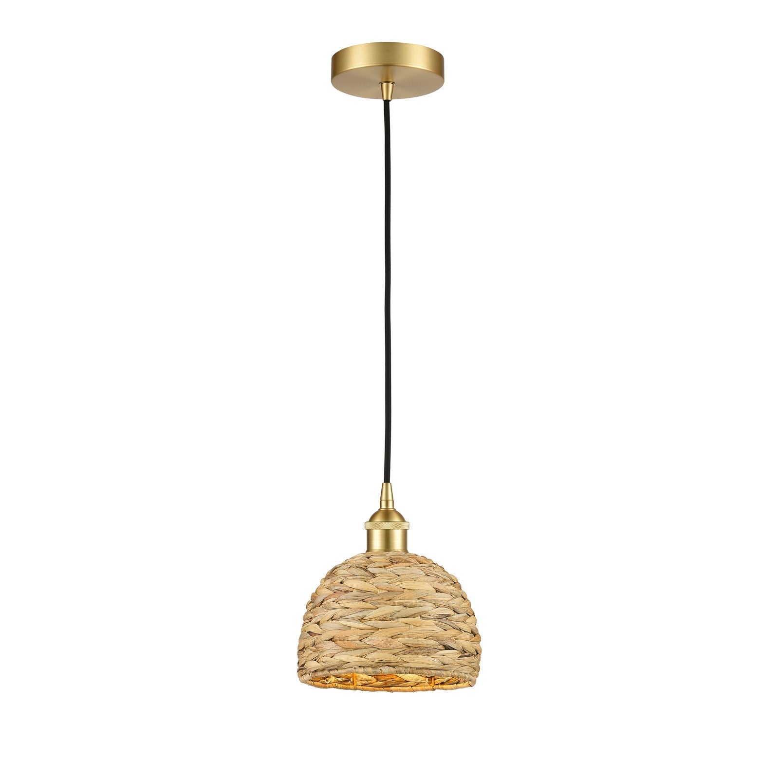 Innovations Woven Rattan 8in 1-Light Mini Pendant | Rustic Farmhouse Satin Gold Steel and Natural Woven Rattan | Kitchen | Model 616-1P-SG-RBD-8-NAT
