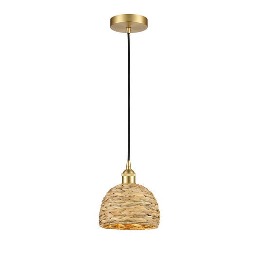Innovations Woven Rattan 8in 1-Light Mini Pendant | Rustic Farmhouse Satin Gold Steel and Natural Woven Rattan | Kitchen | Model 616-1P-SG-RBD-8-NAT